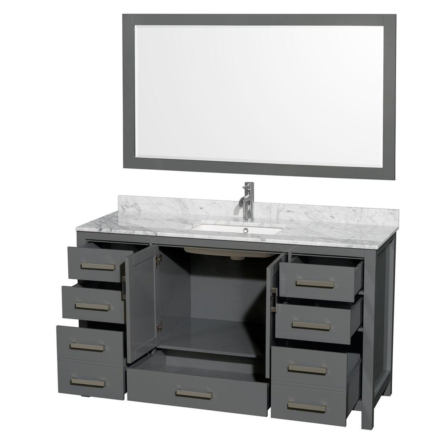 Wyndham Collection Sheffield 60" Single Bathroom Vanity in Dark Gray, White Carrara Marble Countertop, Undermount Square Sink, and 58" Mirror