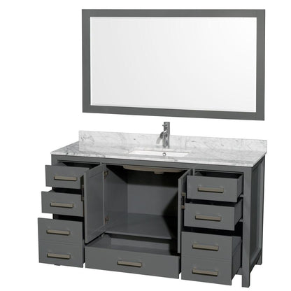 Wyndham Collection Sheffield 60" Single Bathroom Vanity in Dark Gray, White Carrara Marble Countertop, Undermount Square Sink, and 58" Mirror