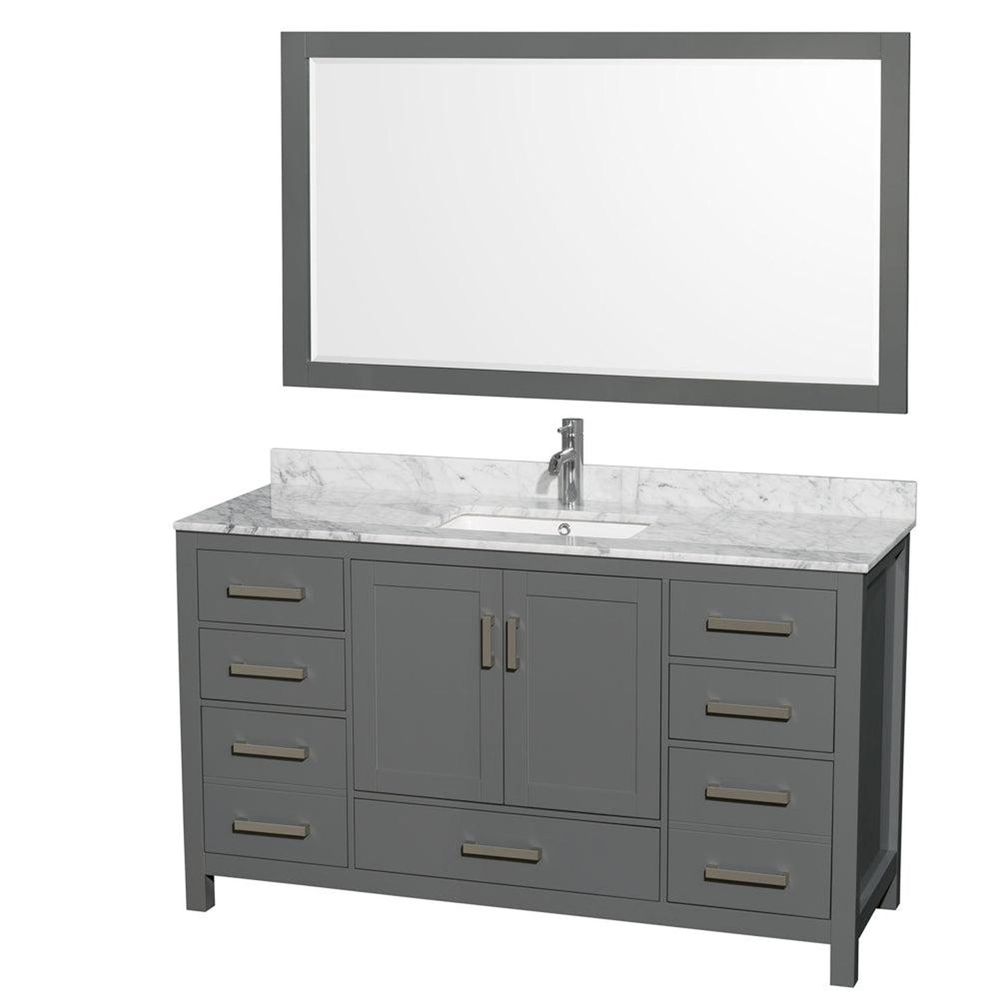 Wyndham Collection Sheffield 60" Single Bathroom Vanity in Dark Gray, White Carrara Marble Countertop, Undermount Square Sink, and 58" Mirror