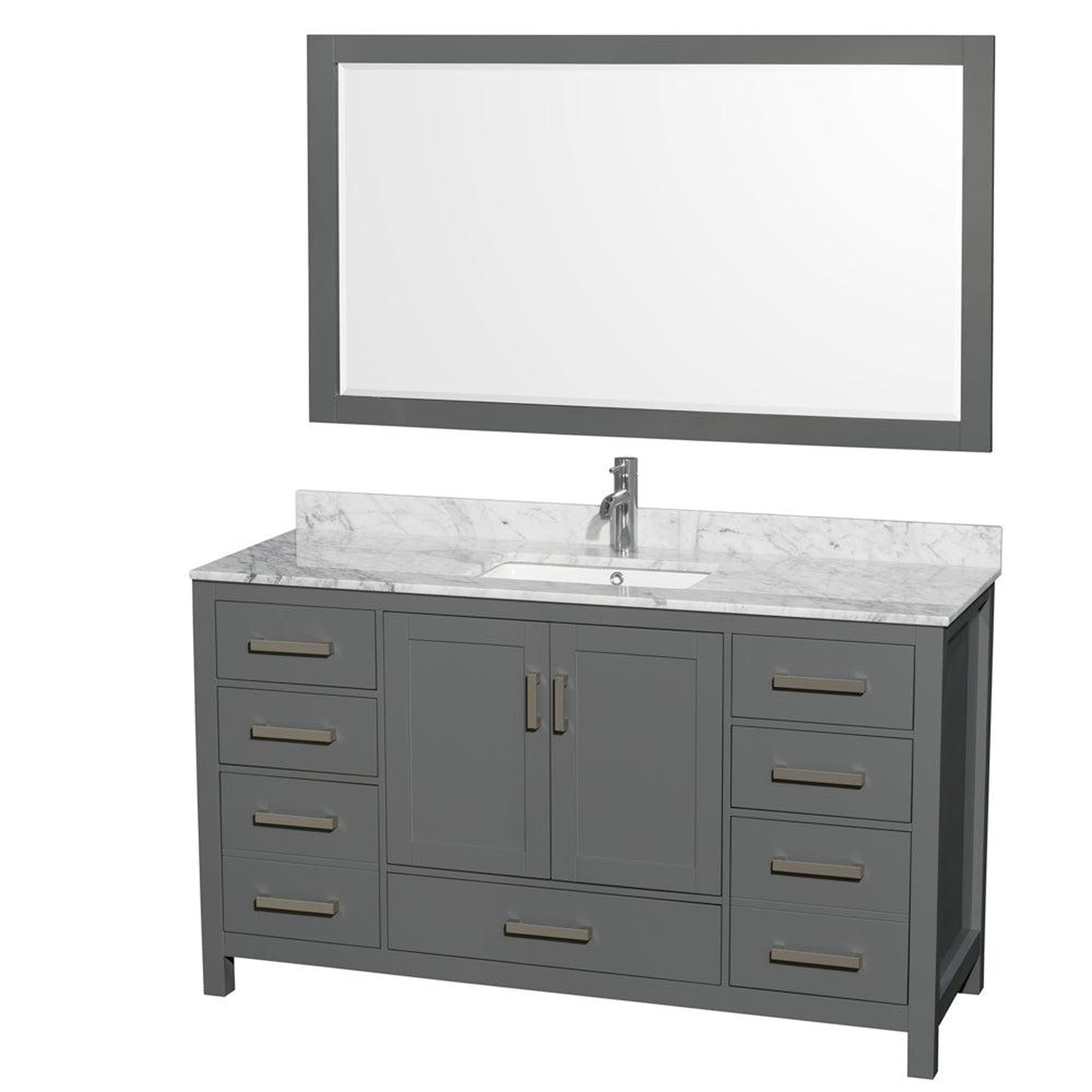 Wyndham Collection Sheffield 60" Single Bathroom Vanity in Dark Gray, White Carrara Marble Countertop, Undermount Square Sink, and 58" Mirror