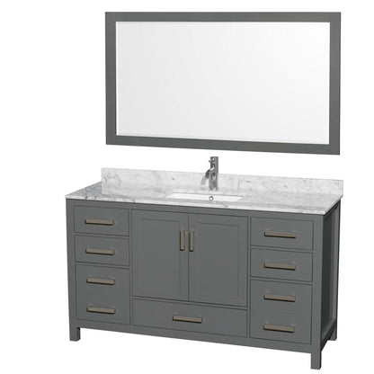 Wyndham Collection Sheffield 60" Single Bathroom Vanity in Dark Gray, White Carrara Marble Countertop, Undermount Square Sink, and 58" Mirror