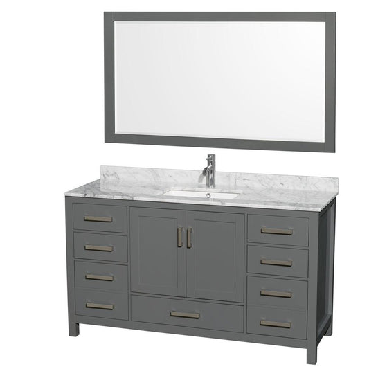 Wyndham Collection Sheffield 60" Single Bathroom Vanity in Dark Gray, White Carrara Marble Countertop, Undermount Square Sink, and 58" Mirror
