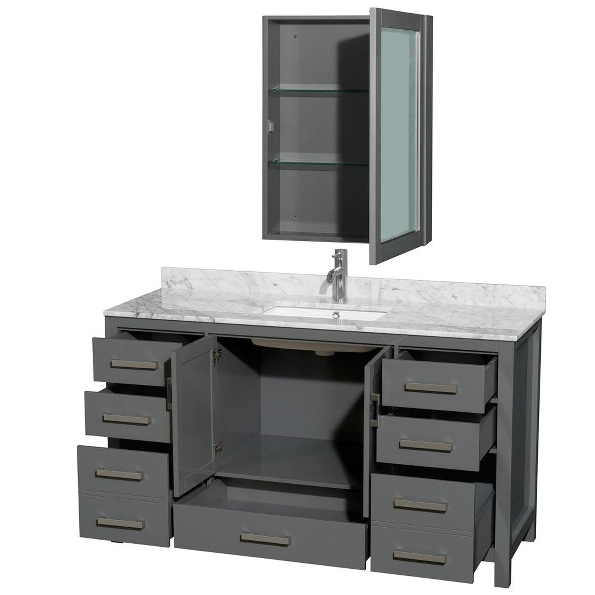 Wyndham Collection Sheffield 60" Single Bathroom Vanity in Dark Gray, White Carrara Marble Countertop, Undermount Square Sink, and Medicine Cabinet