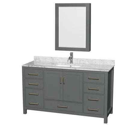 Wyndham Collection Sheffield 60" Single Bathroom Vanity in Dark Gray, White Carrara Marble Countertop, Undermount Square Sink, and Medicine Cabinet
