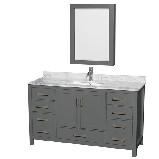 Wyndham Collection Sheffield 60" Single Bathroom Vanity in Dark Gray, White Carrara Marble Countertop, Undermount Square Sink, and Medicine Cabinet
