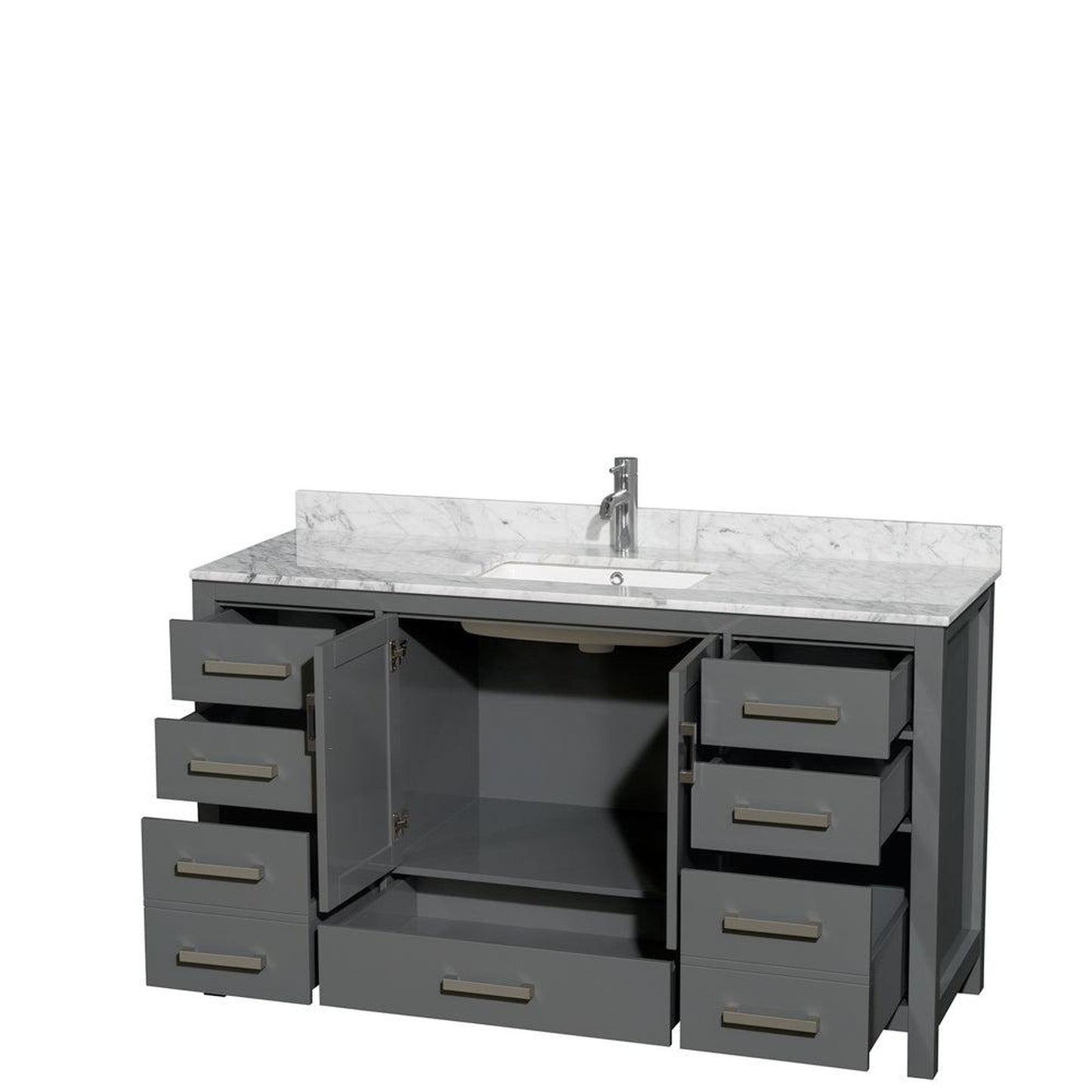 Wyndham Collection Sheffield 60" Single Bathroom Vanity in Dark Gray, White Carrara Marble Countertop, Undermount Square Sink, and No Mirror