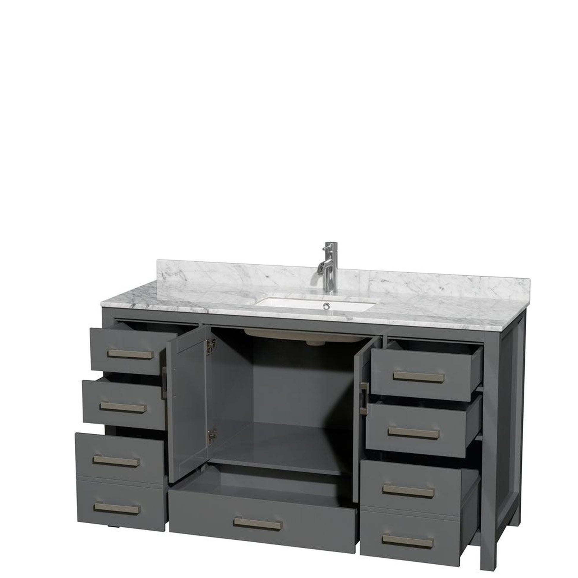 Wyndham Collection Sheffield 60" Single Bathroom Vanity in Dark Gray, White Carrara Marble Countertop, Undermount Square Sink, and No Mirror