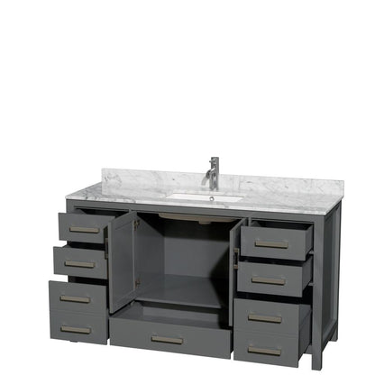 Wyndham Collection Sheffield 60" Single Bathroom Vanity in Dark Gray, White Carrara Marble Countertop, Undermount Square Sink, and No Mirror