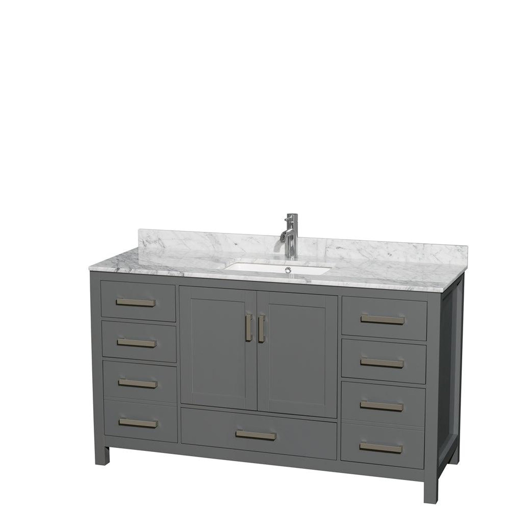 Wyndham Collection Sheffield 60" Single Bathroom Vanity in Dark Gray, White Carrara Marble Countertop, Undermount Square Sink, and No Mirror