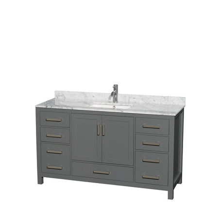 Wyndham Collection Sheffield 60" Single Bathroom Vanity in Dark Gray, White Carrara Marble Countertop, Undermount Square Sink, and No Mirror
