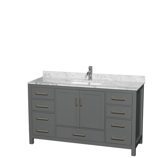 Wyndham Collection Sheffield 60" Single Bathroom Vanity in Dark Gray, White Carrara Marble Countertop, Undermount Square Sink, and No Mirror