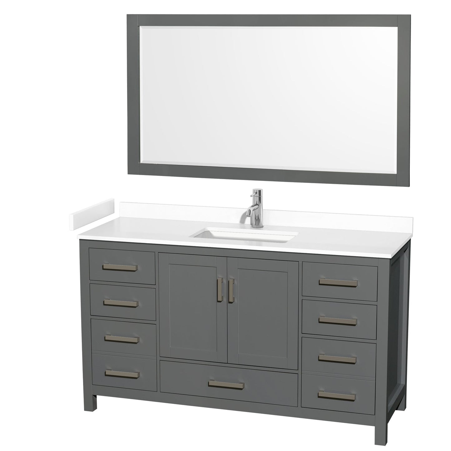 Wyndham Collection Sheffield 60" Single Bathroom Vanity in Dark Gray, White Cultured Marble Countertop, Undermount Square Sink, 58" Mirror