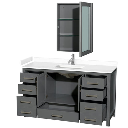 Wyndham Collection Sheffield 60" Single Bathroom Vanity in Dark Gray, White Cultured Marble Countertop, Undermount Square Sink, Medicine Cabinet