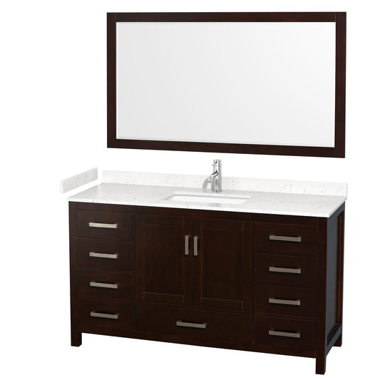 Wyndham Collection Sheffield 60" Single Bathroom Vanity in Espresso, Carrara Cultured Marble Countertop, Undermount Square Sink, 58" Mirror