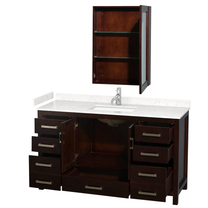 Wyndham Collection Sheffield 60" Single Bathroom Vanity in Espresso, Carrara Cultured Marble Countertop, Undermount Square Sink, Medicine Cabinet