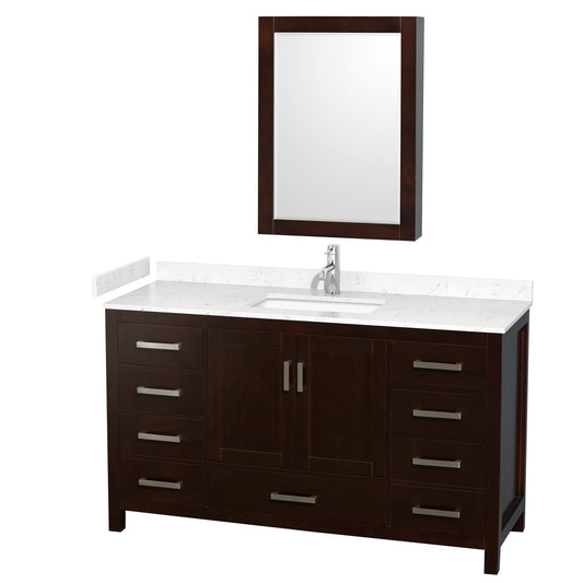 Wyndham Collection Sheffield 60" Single Bathroom Vanity in Espresso, Carrara Cultured Marble Countertop, Undermount Square Sink, Medicine Cabinet