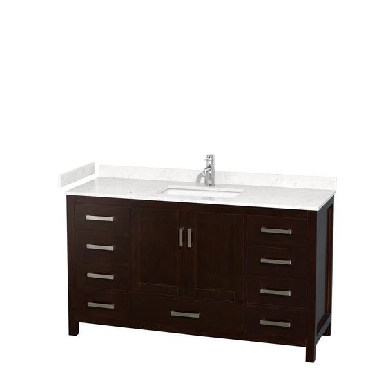 Wyndham Collection Sheffield 60" Single Bathroom Vanity in Espresso, Carrara Cultured Marble Countertop, Undermount Square Sink, No Mirror