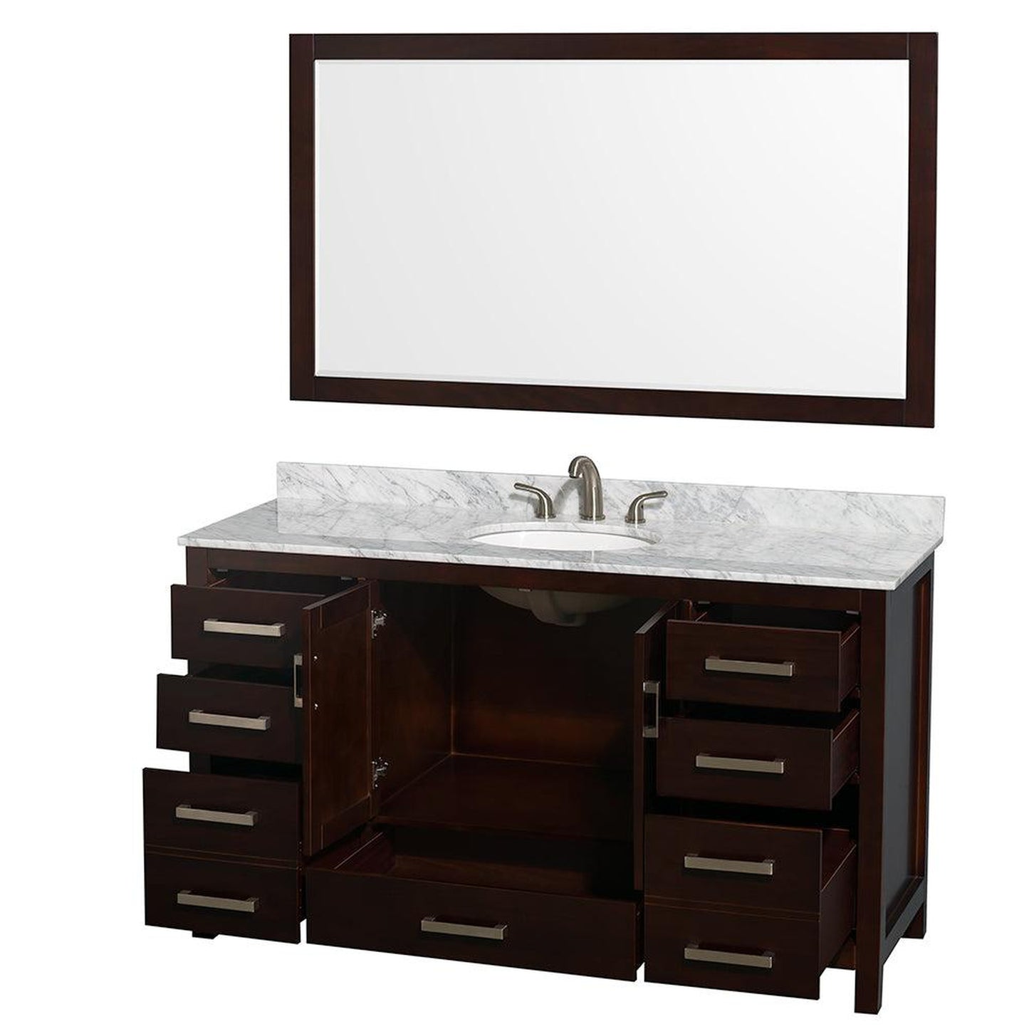 Wyndham Collection Sheffield 60" Single Bathroom Vanity in Espresso, White Carrara Marble Countertop, Undermount Oval Sink, and 58" Mirror