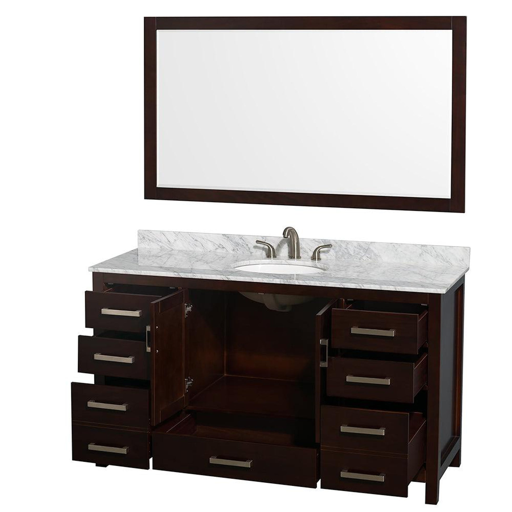 Wyndham Collection Sheffield 60" Single Bathroom Vanity in Espresso, White Carrara Marble Countertop, Undermount Oval Sink, and 58" Mirror