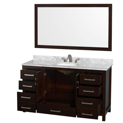Wyndham Collection Sheffield 60" Single Bathroom Vanity in Espresso, White Carrara Marble Countertop, Undermount Oval Sink, and 58" Mirror