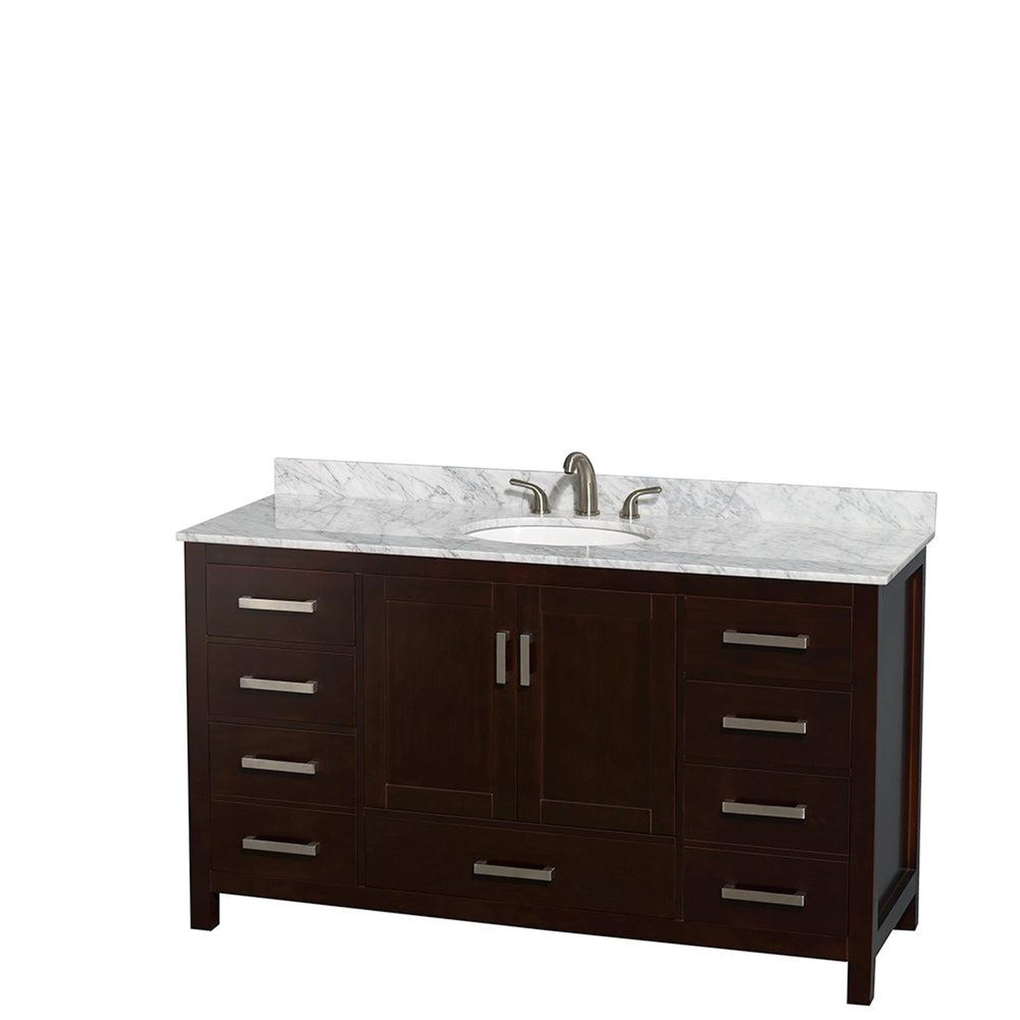 Wyndham Collection Sheffield 60" Single Bathroom Vanity in Espresso, White Carrara Marble Countertop, Undermount Oval Sink, and 58" Mirror