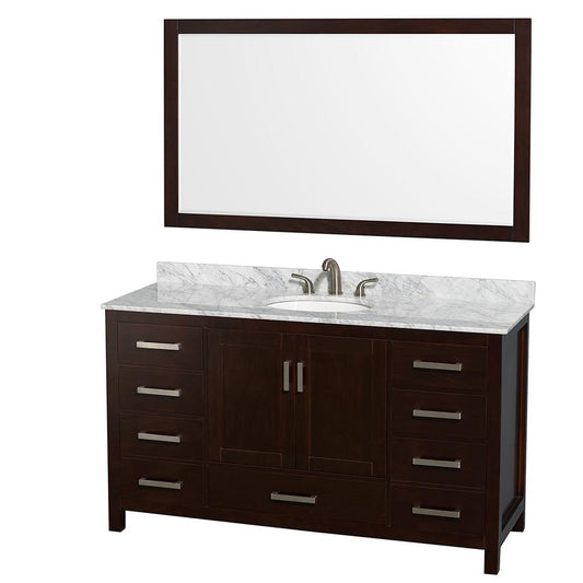 Wyndham Collection Sheffield 60" Single Bathroom Vanity in Espresso, White Carrara Marble Countertop, Undermount Oval Sink, and 58" Mirror