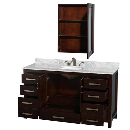 Wyndham Collection Sheffield 60" Single Bathroom Vanity in Espresso, White Carrara Marble Countertop, Undermount Oval Sink, and Medicine Cabinet