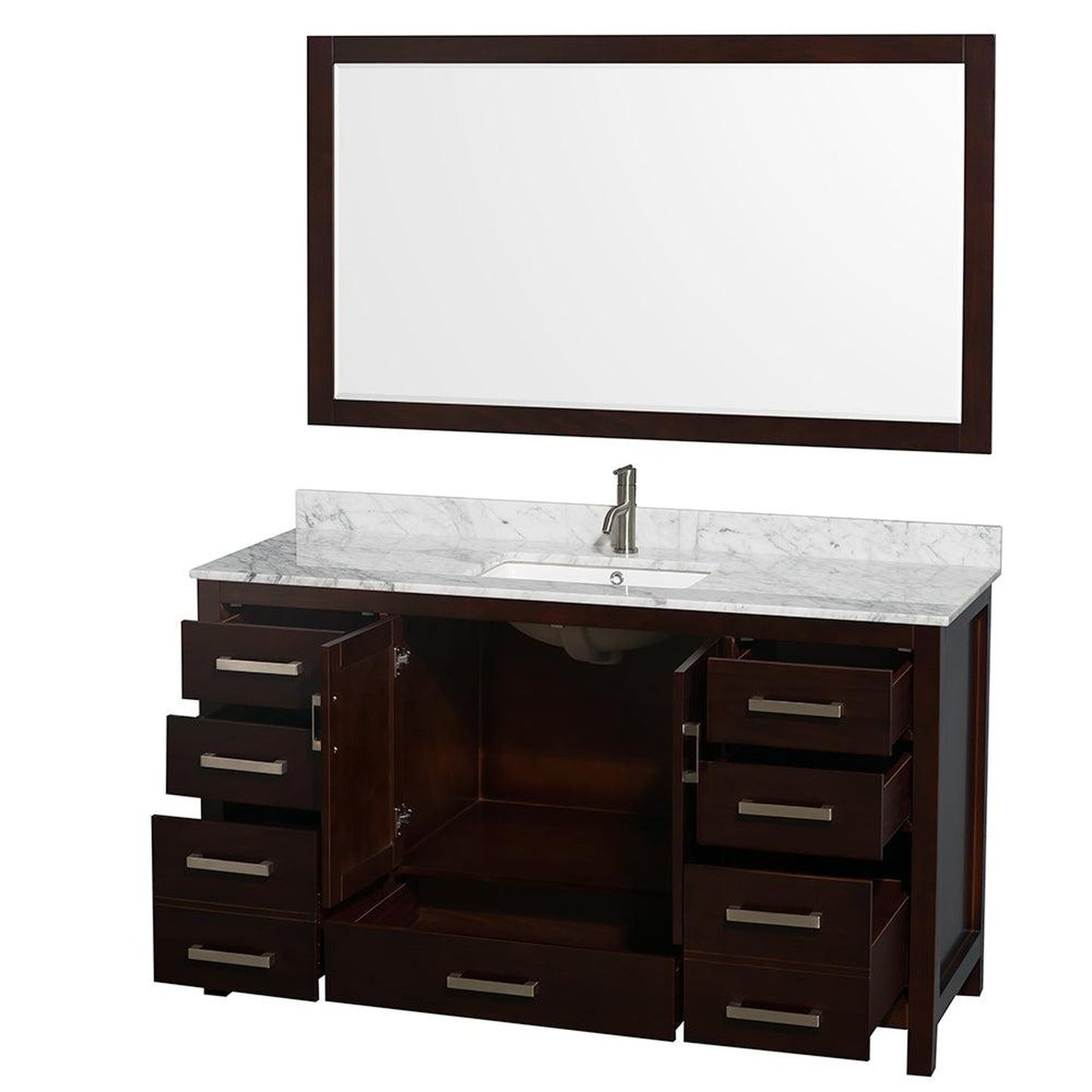 Wyndham Collection Sheffield 60" Single Bathroom Vanity in Espresso, White Carrara Marble Countertop, Undermount Square Sink, and 58" Mirror