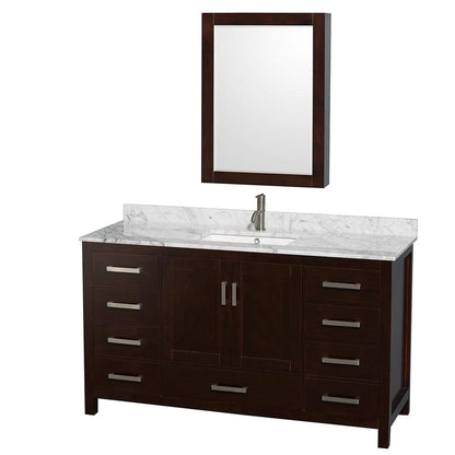 Wyndham Collection Sheffield 60" Single Bathroom Vanity in Espresso, White Carrara Marble Countertop, Undermount Square Sink, and Medicine Cabinet