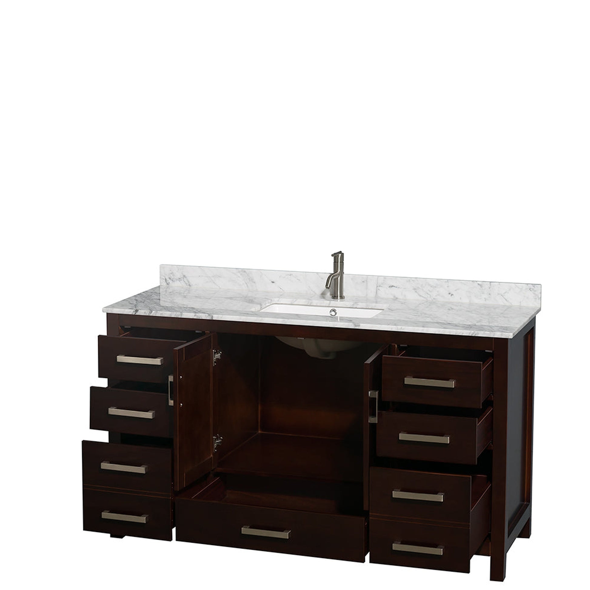 Wyndham Collection Sheffield 60" Single Bathroom Vanity in Espresso, White Carrara Marble Countertop, Undermount Square Sink, and No Mirror