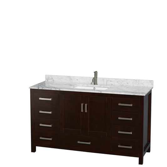 Wyndham Collection Sheffield 60" Single Bathroom Vanity in Espresso, White Carrara Marble Countertop, Undermount Square Sink, and No Mirror