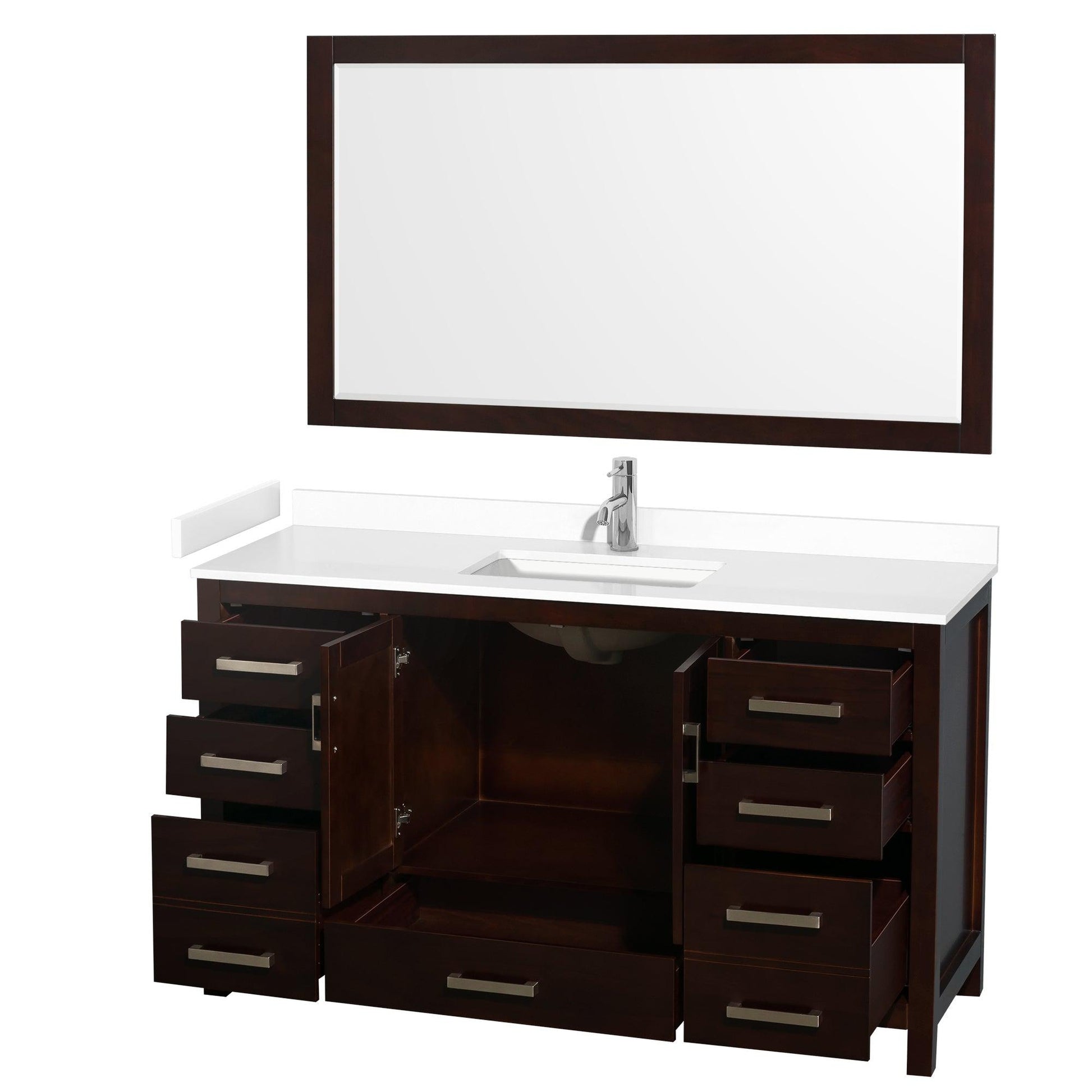 Wyndham Collection Sheffield 60" Single Bathroom Vanity in Espresso, White Cultured Marble Countertop, Undermount Square Sink, 58" Mirror