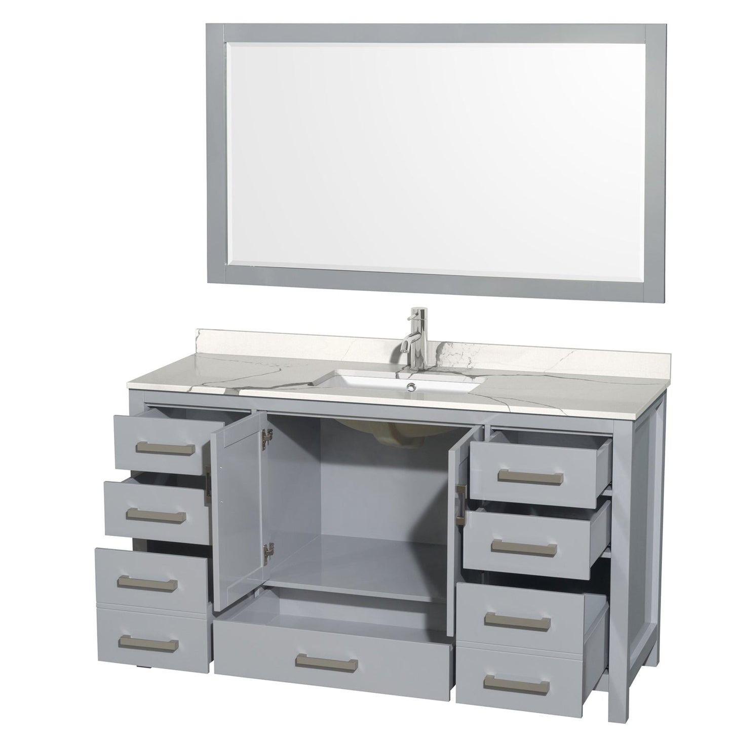 Wyndham Collection Sheffield 60" Single Bathroom Vanity in Gray, Calacatta Quartz Countertop, Undermount Square Sink, 58" Mirror