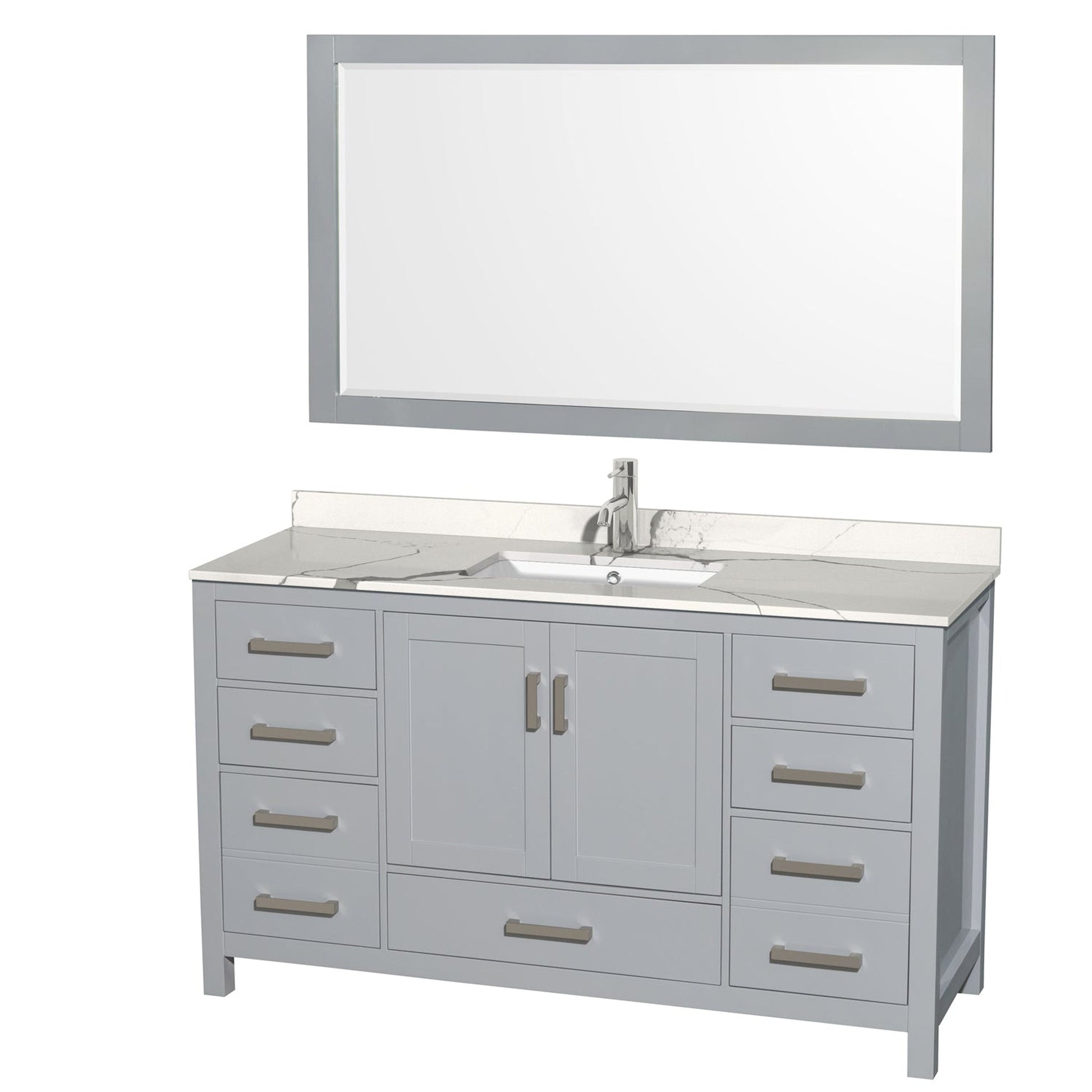Wyndham Collection Sheffield 60" Single Bathroom Vanity in Gray, Calacatta Quartz Countertop, Undermount Square Sink, 58" Mirror