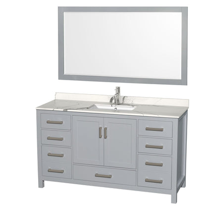 Wyndham Collection Sheffield 60" Single Bathroom Vanity in Gray, Calacatta Quartz Countertop, Undermount Square Sink, 58" Mirror