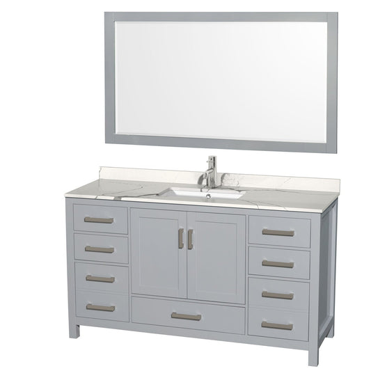 Wyndham Collection Sheffield 60" Single Bathroom Vanity in Gray, Calacatta Quartz Countertop, Undermount Square Sink, 58" Mirror