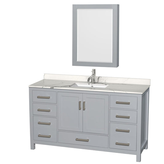 Wyndham Collection Sheffield 60" Single Bathroom Vanity in Gray, Calacatta Quartz Countertop, Undermount Square Sink, Medicine Cabinet