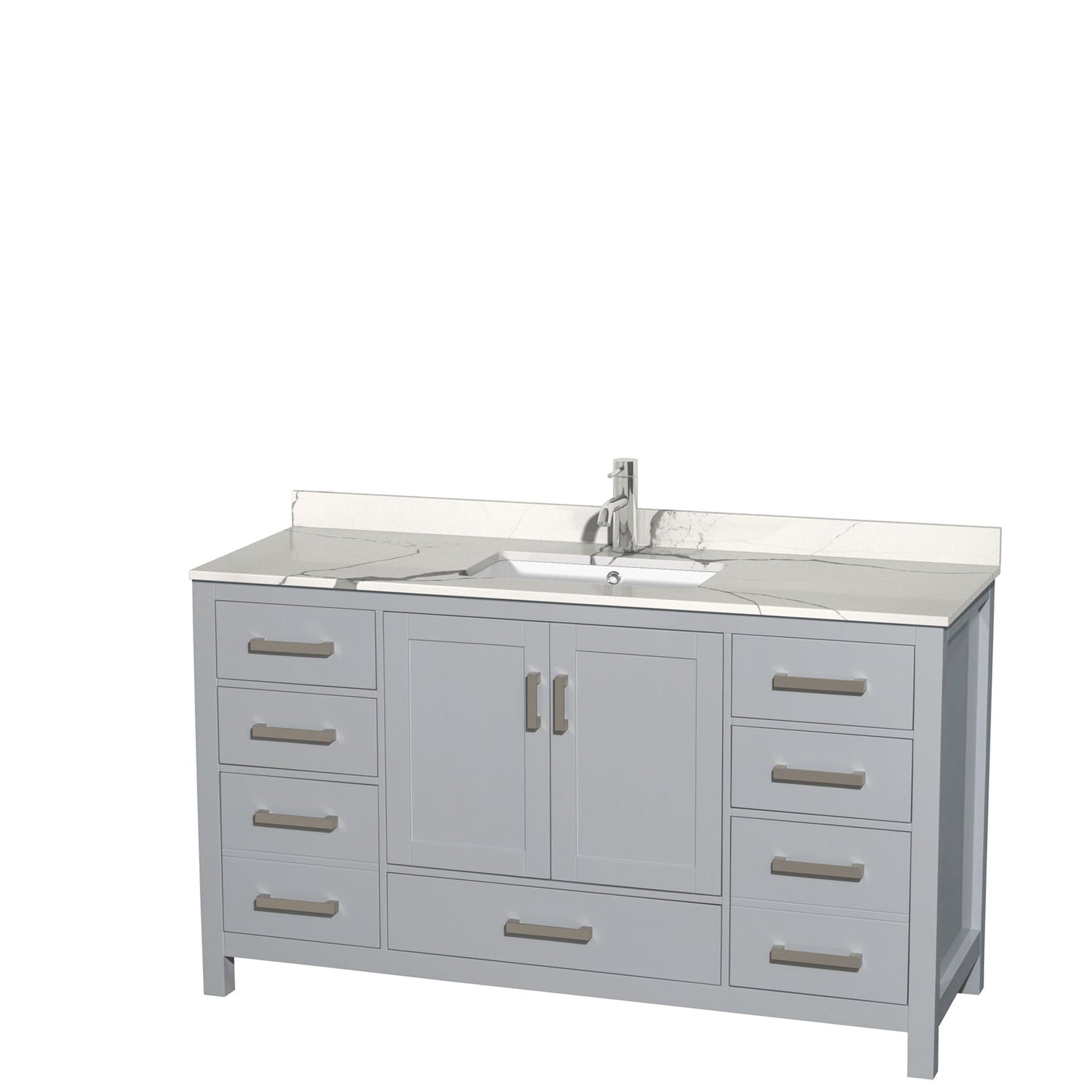 Wyndham Collection Sheffield 60" Single Bathroom Vanity in Gray, Calacatta Quartz Countertop, Undermount Square Sink, No Mirror