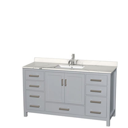 Wyndham Collection Sheffield 60" Single Bathroom Vanity in Gray, Calacatta Quartz Countertop, Undermount Square Sink, No Mirror