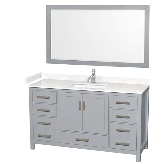 Wyndham Collection Sheffield 60" Single Bathroom Vanity in Gray, Carrara Cultured Marble Countertop, Undermount Square Sink, 58" Mirror