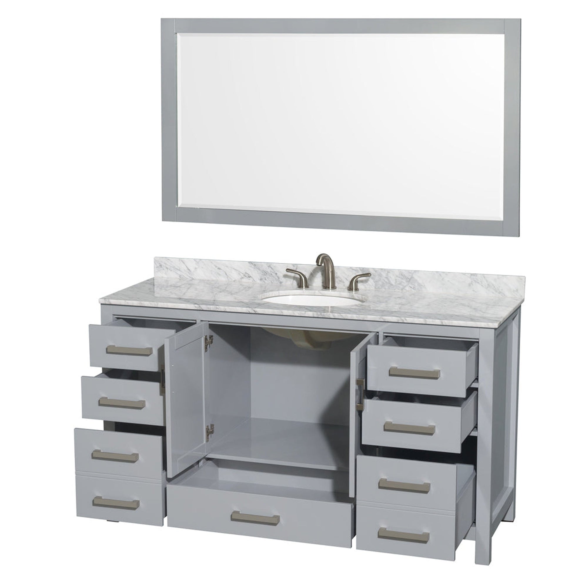 Wyndham Collection Sheffield 60" Single Bathroom Vanity in Gray, White Carrara Marble Countertop, Undermount Oval Sink, and 58" Mirror