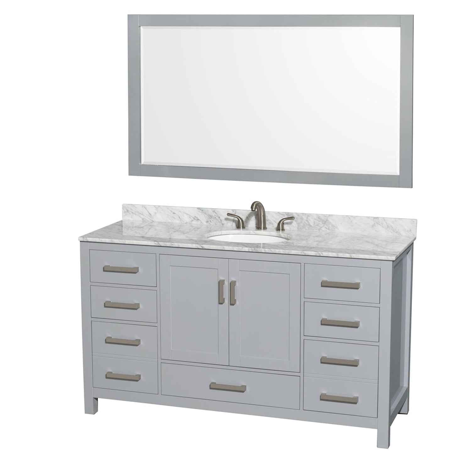 Wyndham Collection Sheffield 60" Single Bathroom Vanity in Gray, White Carrara Marble Countertop, Undermount Oval Sink, and 58" Mirror