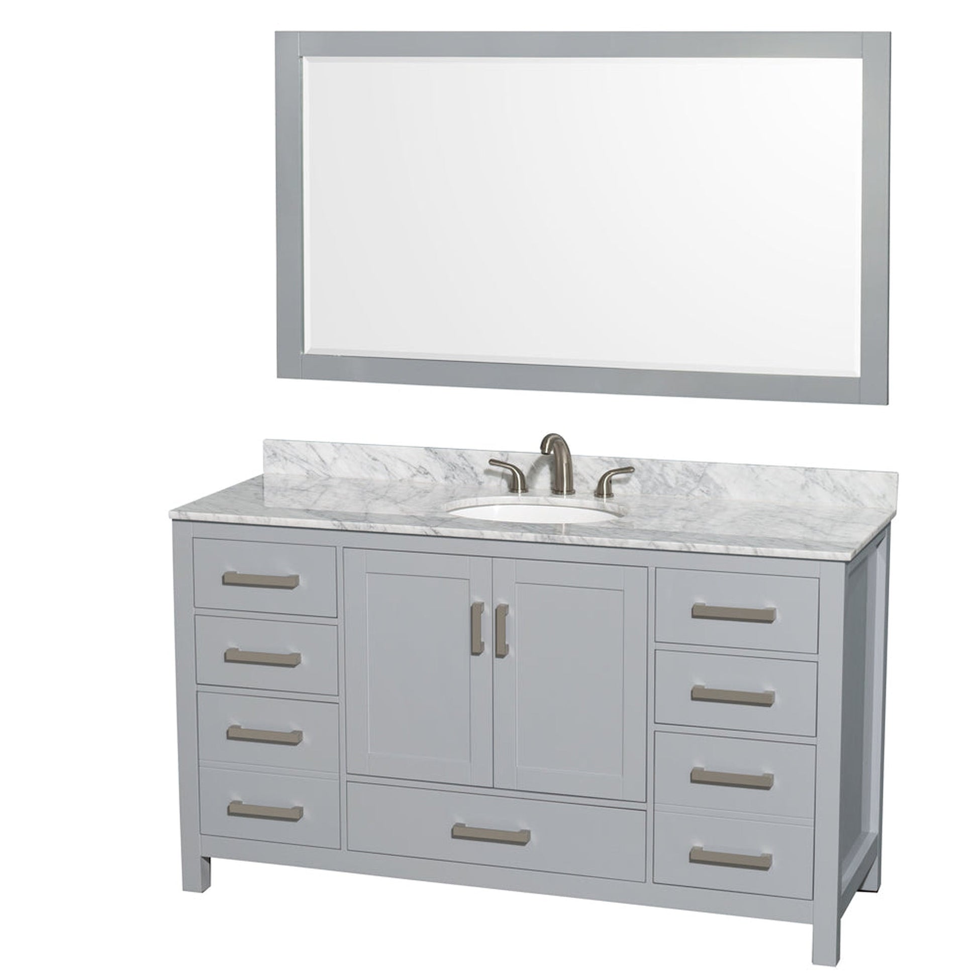 Wyndham Collection Sheffield 60" Single Bathroom Vanity in Gray, White Carrara Marble Countertop, Undermount Oval Sink, and 58" Mirror