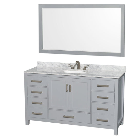 Wyndham Collection Sheffield 60" Single Bathroom Vanity in Gray, White Carrara Marble Countertop, Undermount Oval Sink, and 58" Mirror