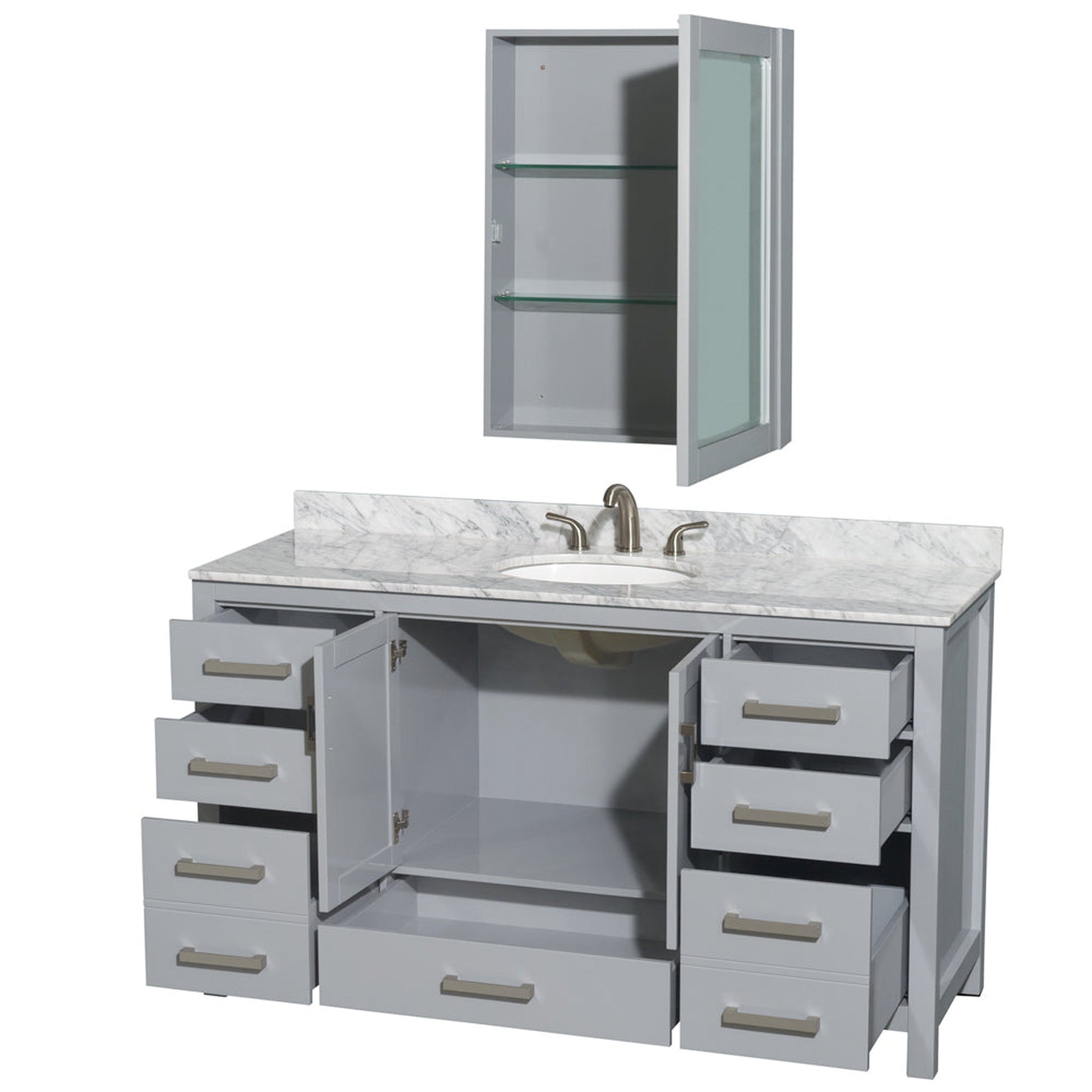 Wyndham Collection Sheffield 60" Single Bathroom Vanity in Gray, White Carrara Marble Countertop, Undermount Oval Sink, and Medicine Cabinet