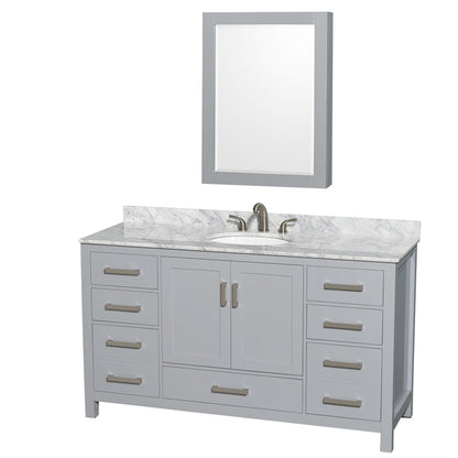 Wyndham Collection Sheffield 60" Single Bathroom Vanity in Gray, White Carrara Marble Countertop, Undermount Oval Sink, and Medicine Cabinet