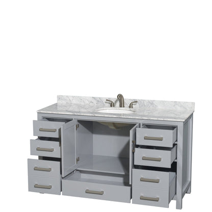 Wyndham Collection Sheffield 60" Single Bathroom Vanity in Gray, White Carrara Marble Countertop, Undermount Oval Sink, and No Mirror
