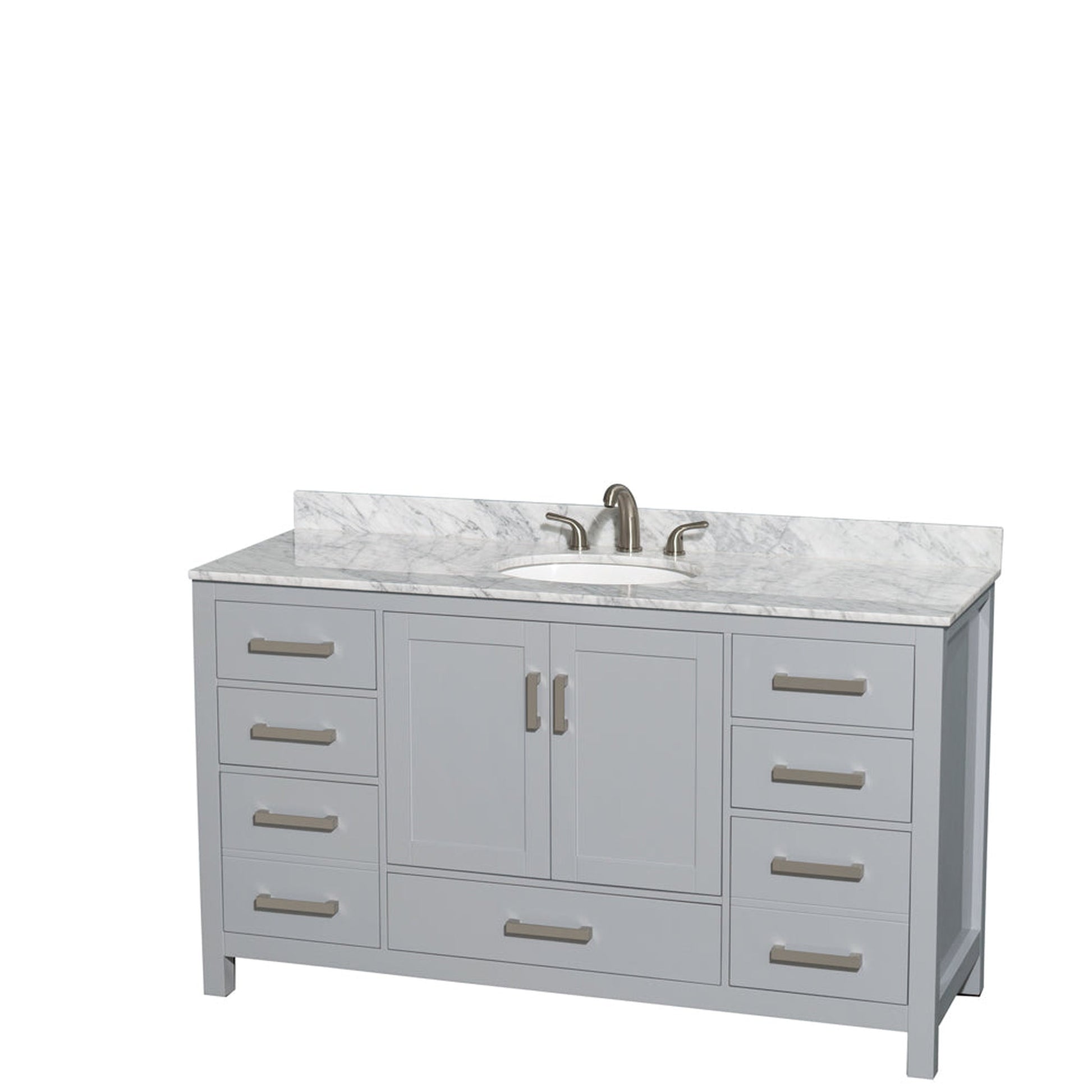 Wyndham Collection Sheffield 60" Single Bathroom Vanity in Gray, White Carrara Marble Countertop, Undermount Oval Sink, and No Mirror