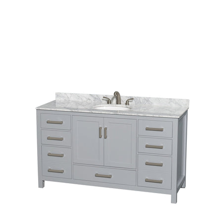 Wyndham Collection Sheffield 60" Single Bathroom Vanity in Gray, White Carrara Marble Countertop, Undermount Oval Sink, and No Mirror