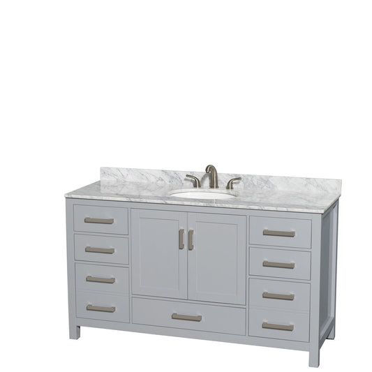 Wyndham Collection Sheffield 60" Single Bathroom Vanity in Gray, White Carrara Marble Countertop, Undermount Oval Sink, and No Mirror